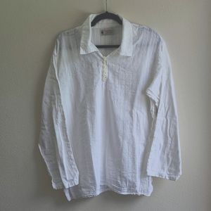 White Pima Cotton Camp Collar Long Sleeve Shirt L